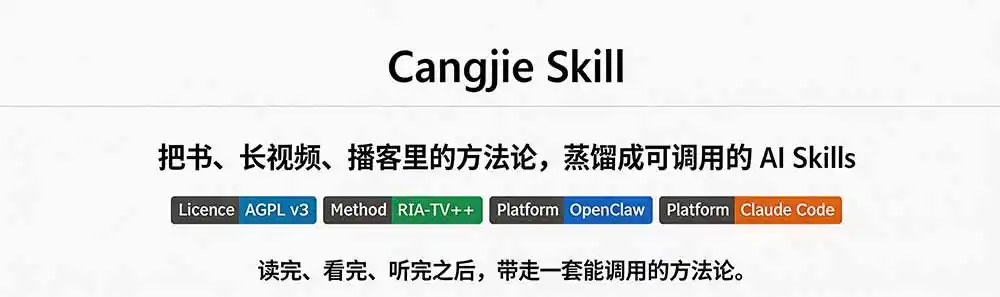 图片[1]-全网走红！GitHub上6.7K Star的开源项目，把任何书、长视频、播客蒸馏成AI工具，值得收藏 cangjie-skill-三禾网络