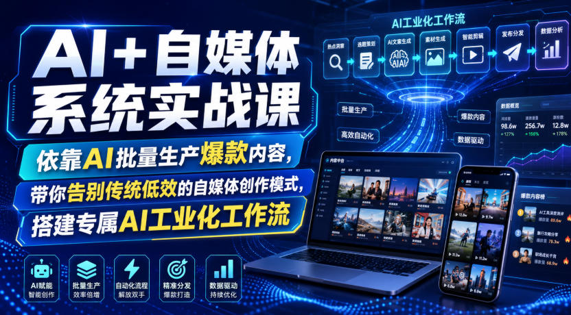 AI+自媒体系统实战课，依靠AI批量生产爆款内容，带你告别传统低效的自媒体创作模式，搭建专属AI工业化工作流-三禾网络