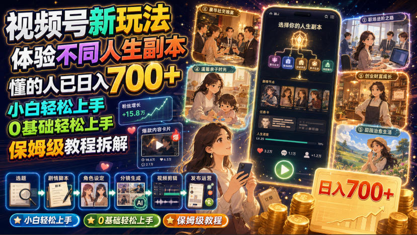 视频号新玩法体验不同人生副本，懂的人已日入700+，小白轻松上手，0基础轻松上手，保姆级教程拆解-三禾网络