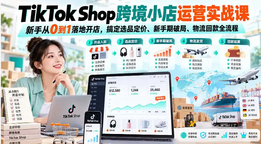 TikTok Shop跨境小店运营实战课，新手从0到1落地开店，搞定选品定价、新手期破局、物流回款全流程-三禾网络