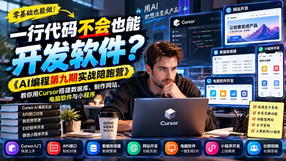 一行代码不会也能开发软件？《AI编程第九期实战陪跑营》教你用Cursor搭建数据库、制作网站、电脑软件与小程序-三禾网络
