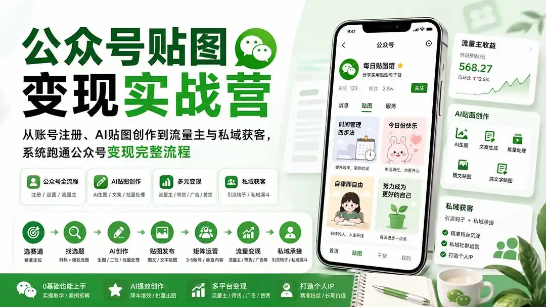 公众号贴图变现实战营：从账号注册、AI贴图创作到流量主与私域获客，系统跑通公众号变现完整流程-三禾网络