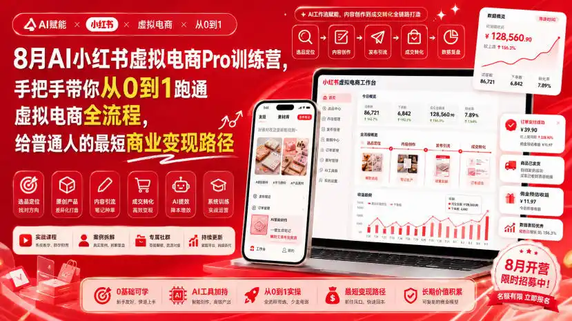 8月AI小红书虚拟电商Pro训练营，手把手带你从0到1跑通虚拟电商全流程，给普通人的最短商业变现路径(更新0910)
