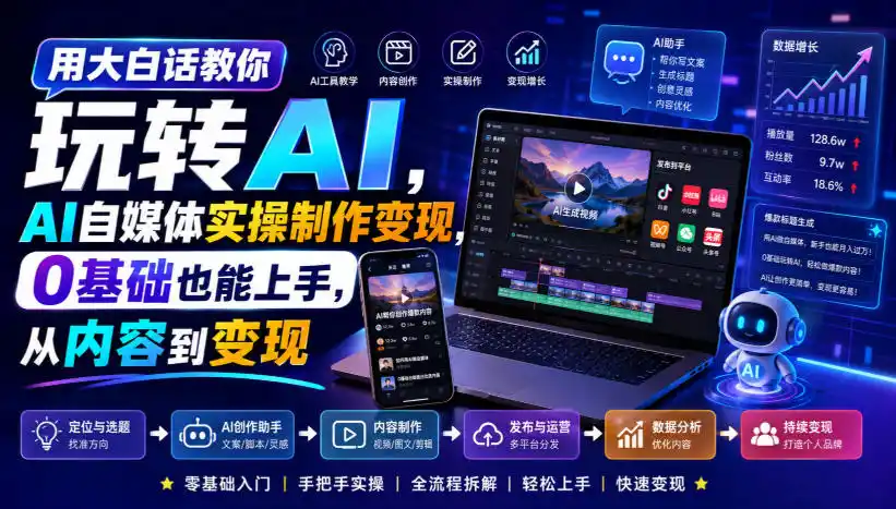 用大白话教你玩转AI，AI自媒体实操制作变现，0基础也能上手，从内容到变现-三禾网络