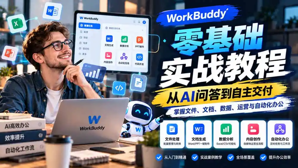 WorkBuddy零基础实战教程：从AI问答到自主交付，掌握文件、文档、数据、运营与自动化办公-三禾网络