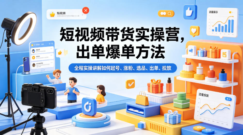 短视频带货实操营，出单爆单方法，全程实操讲解如何起号、涨粉、选品、出单、投放-三禾网络