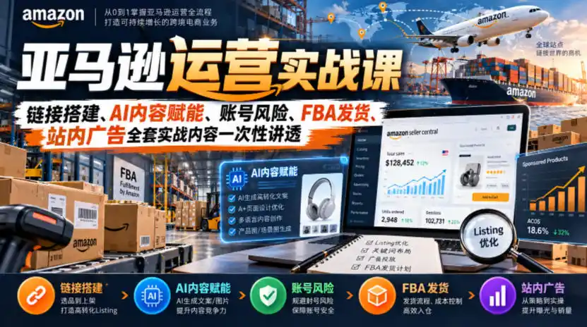 亚马逊运营实战课，链接搭建、AI内容赋能、账号风险、FBA发货、站内广告全套实战内容一次性讲透-三禾网络