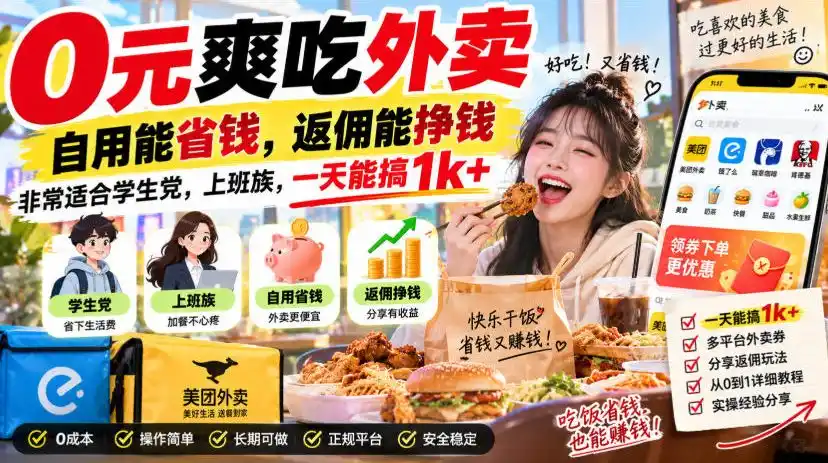 0元爽吃外卖，自用能省钱，返佣能挣钱，非常适合学生党，上班族，一天能搞1k+-三禾网络