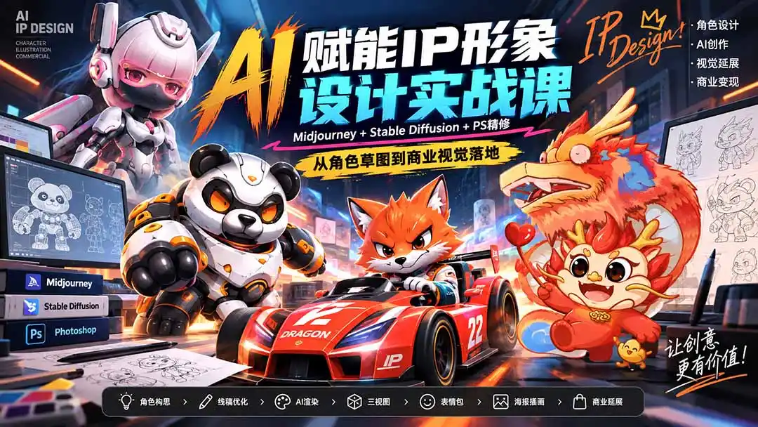 AI赋能IP形象设计实战课-无水印:Midjourney+Stable Diffusion+PS精修,从角色草图到商业视觉落地 AI赋能IP形象设计实战课-无水印:Midjourney+Stable Diffusion+PS精修,从角色草图到商业视觉落地