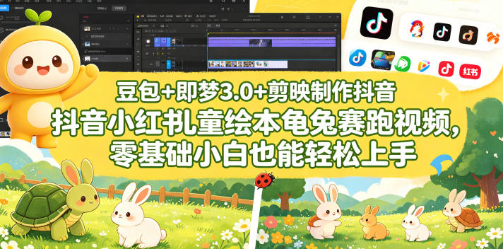 豆包＋即梦3.0+剪映制作抖音小红书儿童绘本龟兔赛跑视频，零基础小白也能轻松上手-三禾网络