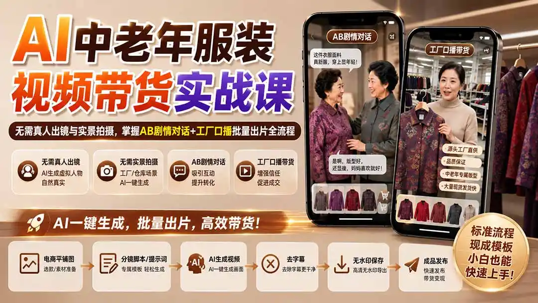 AI中老年服装视频带货实战课：无需真人出镜与实景拍摄，掌握AB剧情对话+工厂口播批量出片全流程-三禾网络