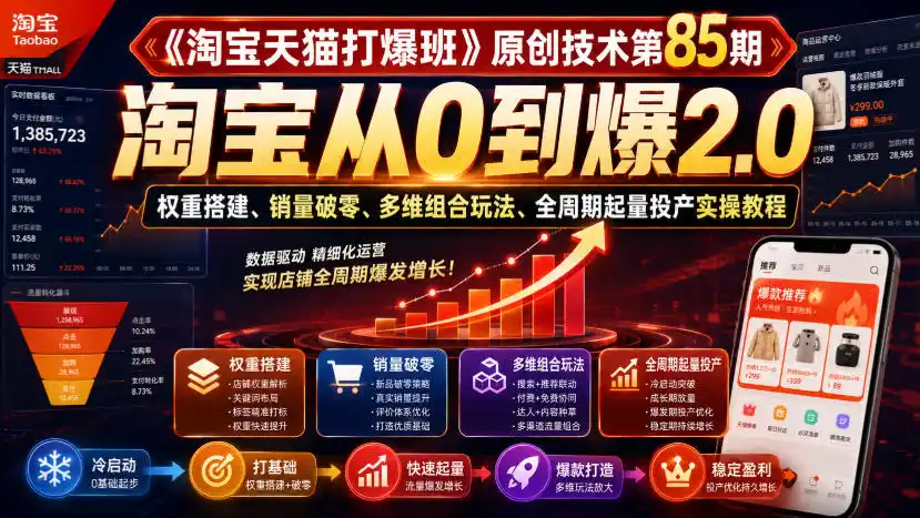 《淘宝天猫打爆班》原创技术第85期,淘宝从0到爆2.0,权重搭建、销量破零、多维组合玩法、全周期起量投产实操教程-三禾网络