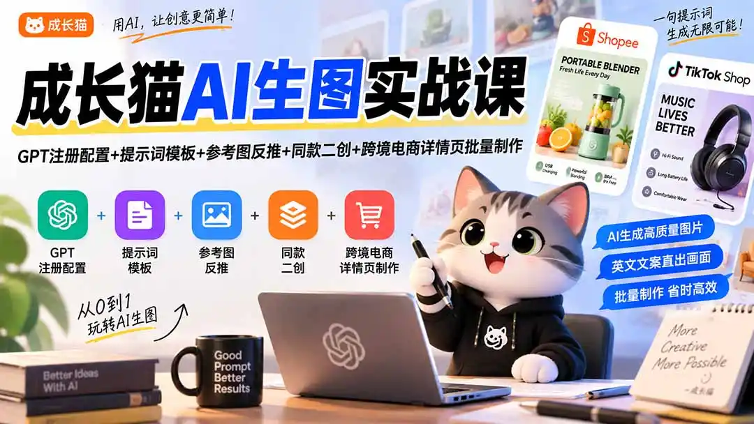 成长猫AI生图实战课|GPT注册配置+提示词模板+参考图反推+同款二创+跨境电商详情页批量制作 成长猫AI生图实战课|GPT注册配置+提示词模板+参考图反推+同款二创+跨境电商详情页批量制作