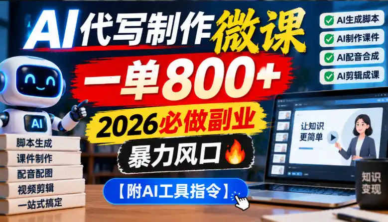AI代写制作微课，一单800+，2026必做副业，暴力风口【附AI工具指令】【揭秘】-三禾网络