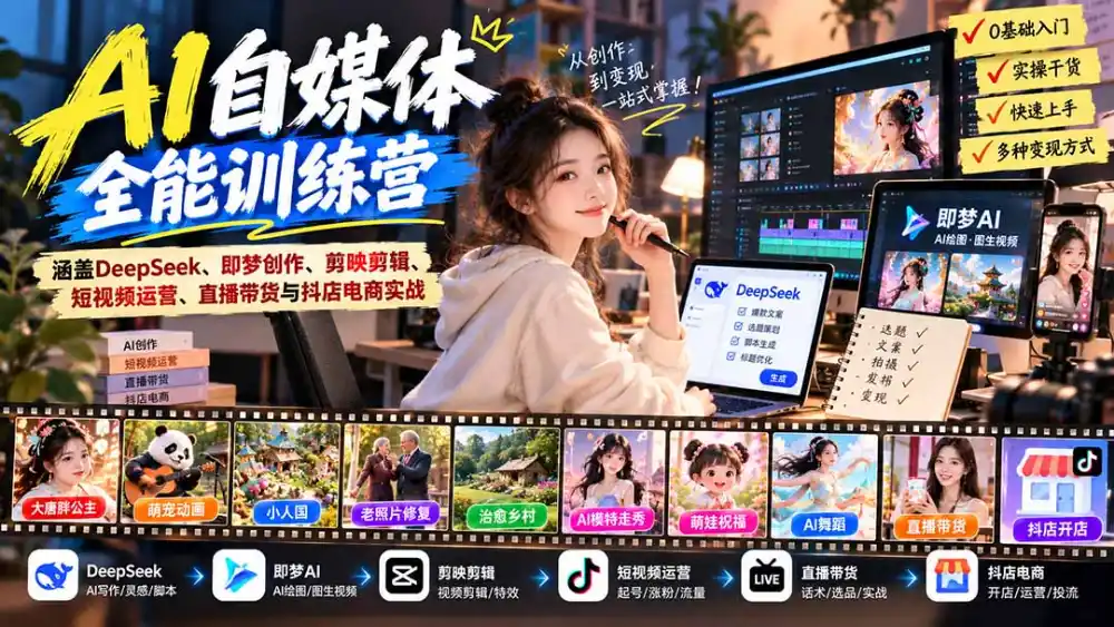 【无水印】AI+自媒体全能训练营：涵盖DeepSeek、即梦创作、剪映剪辑、短视频运营、直播带货与抖店电商实战-三禾网络