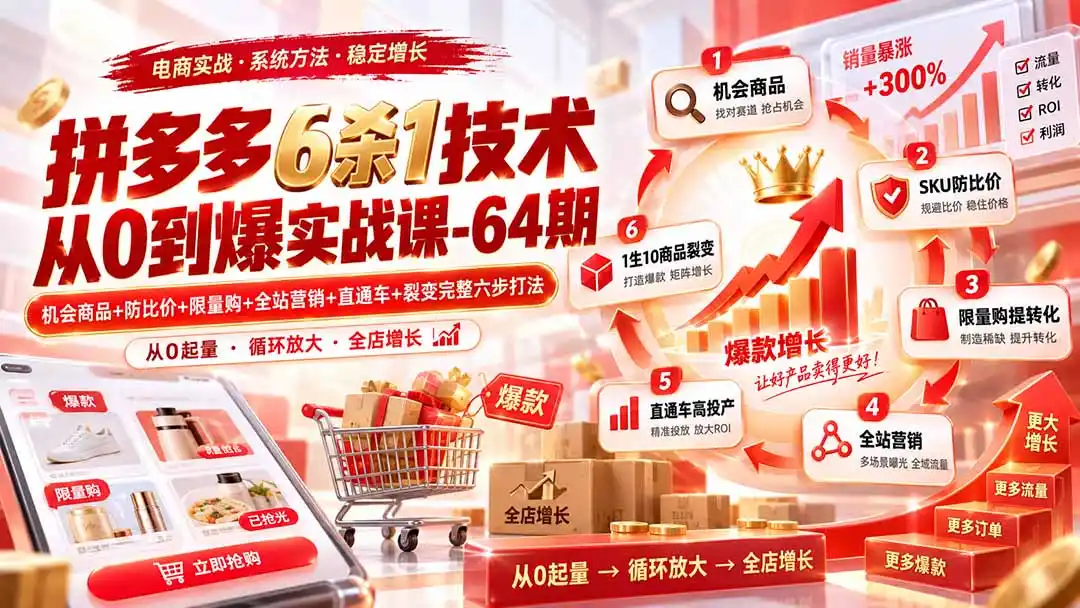 拼多多6杀1技术从0到爆实战课-64期：机会商品+防比价+限量购+全站营销+直通车+裂变完整六步打法-三禾网络