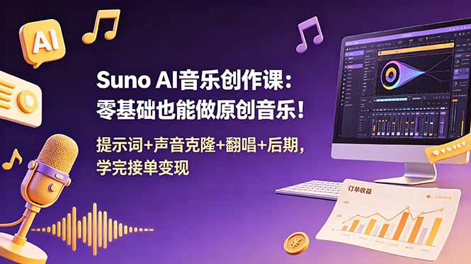 Suno AI音乐创作课：零基础也能做原创音乐！提示词+声音克隆+翻唱+后期，学完接单变现-三禾网络