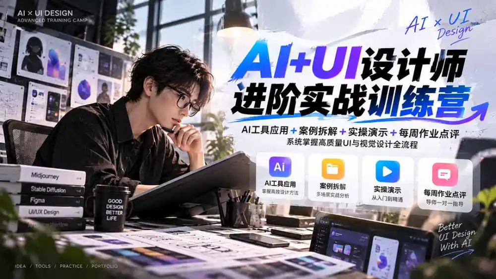 【无水印】AI+UI设计师进阶训练营-第4期:AI工具应用+案例拆解+实操演示+作业点评,掌握高质量UI与视觉设计全流程 【无水印】AI+UI设计师进阶训练营-第4期:AI工具应用+案例拆解+实操演示+作业点评,掌握高质量UI与视觉设计全流程