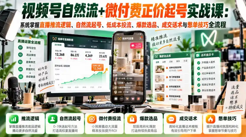 视频号自然流+微付费正价起号实战课：系统掌握直播推流逻辑、自然流起号、低成本投流、爆款选品、成交话术与憋单技巧全流程-三禾网络