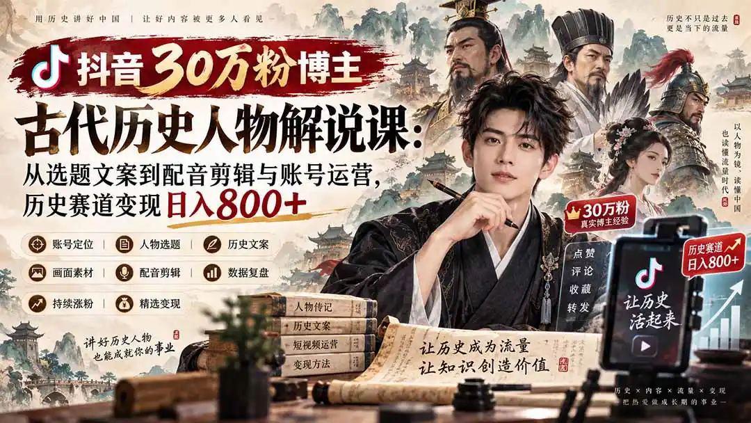 抖音30万粉博主古代历史人物解说课:从选题文案到配音剪辑与账号运营,历史赛道变现日入800+ 抖音30万粉博主古代历史人物解说课:从选题文案到配音剪辑与账号运营,历史赛道变现日入800+
