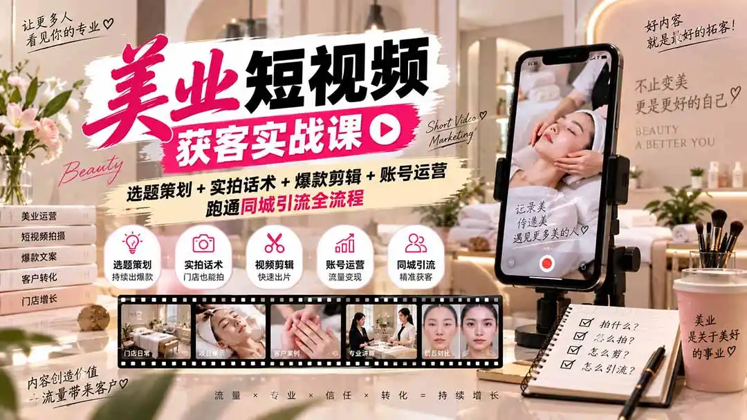 美业短视频获客实战课-无水印：选题策划+实拍话术+爆款剪辑+账号运营，跑通同城引流全流程-三禾网络