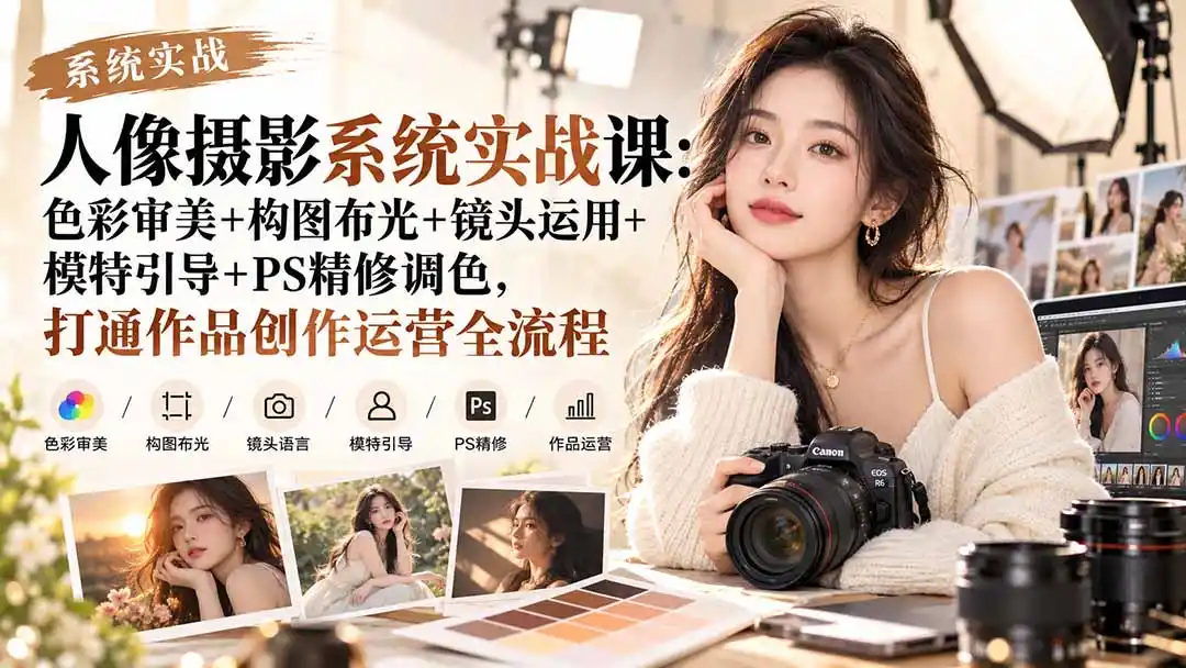 【无水印】人像摄影系统实战课：色彩审美+构图布光+镜头运用+模特引导+PS精修调色，打通作品创作运营全流程-三禾网络
