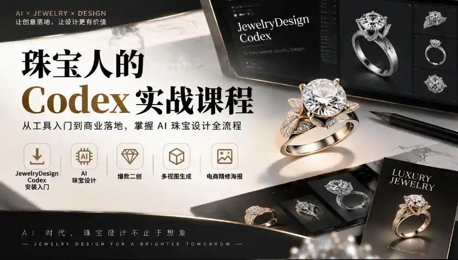 珠宝人的Codex实战课程｜JewelryDesign Codex安装入门、AI珠宝设计、爆款二创、多视图生成、电商精修海报全链路教学-三禾网络