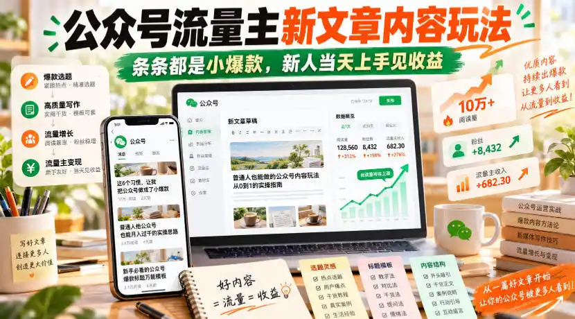公众号流量主新文章内容玩法,条条都是小爆款,新人当天上手见收益-三禾网络