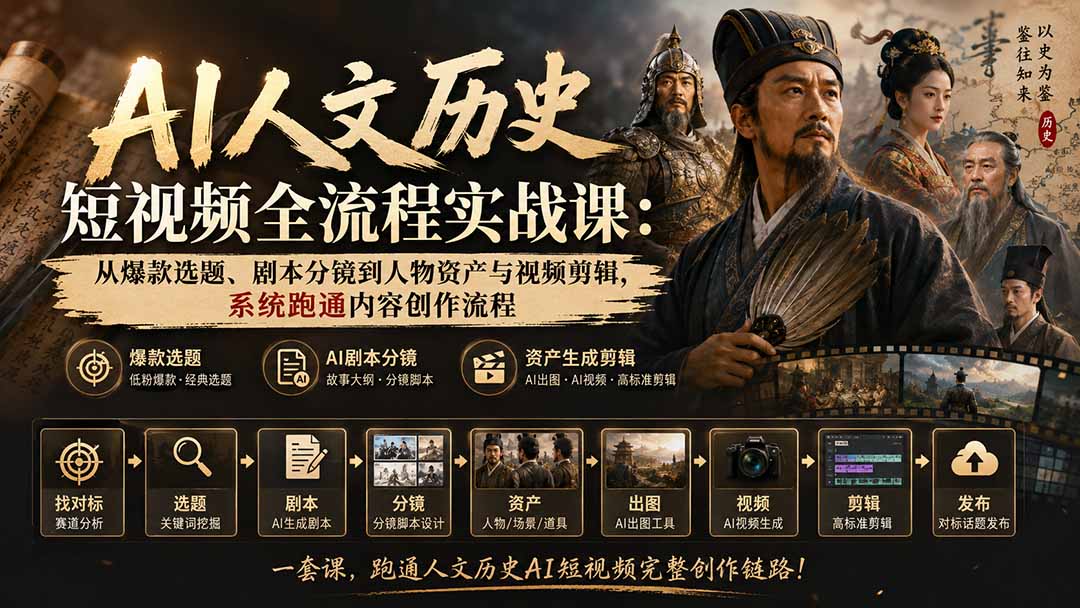 AI人文历史短视频全流程实战课：从爆款选题、剧本分镜到人物资产与视频剪辑，系统跑通内容创作流程-三禾网络