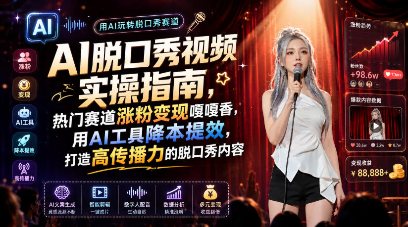 AI脱口秀视频实操指南，热门赛道涨粉变现嘎嘎香，用AI工具降本提效，打造高传播力的脱口秀内容-三禾网络