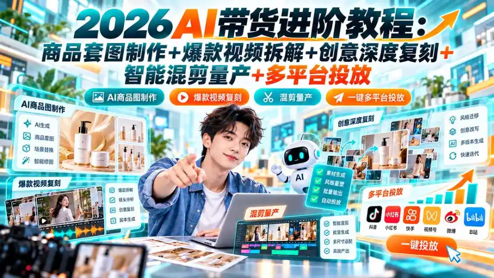 2026AI带货进阶教程：商品套图制作+爆款视频拆解+创意深度复刻+智能混剪量产+多平台投放-三禾网络