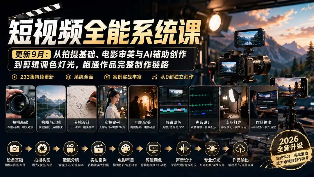 短视频全能系统课-9月完整版：从拍摄基础、电影审美与AI辅助创作到剪辑调色灯光，跑通作品完整制作链路-三禾网络