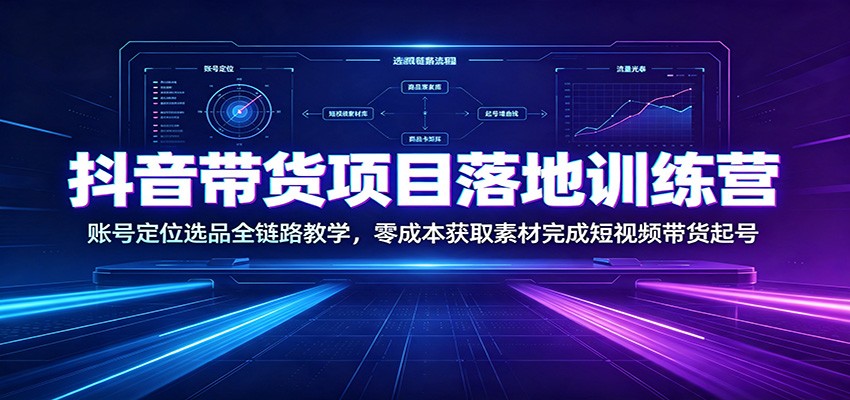 抖音带货项目落地训练营：账号定位选品全链路教学，零成本获取素材完成短视频带货起号-三禾网络