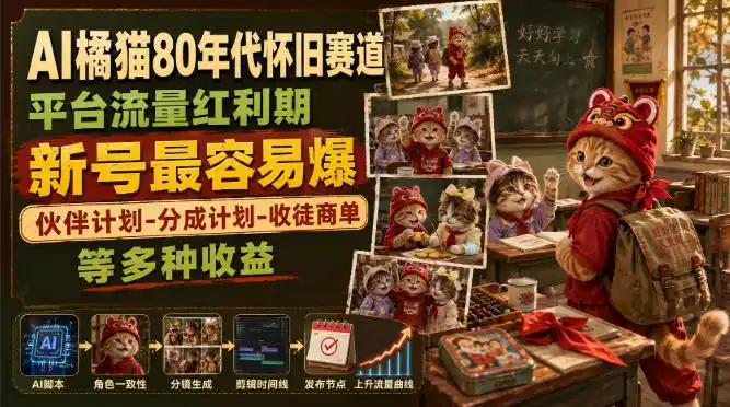 AI橘猫80年代怀旧赛道,平台流量红利期,新号最容易爆,伙伴计划-分成计划-收徒商单等多种收益-三禾网络
