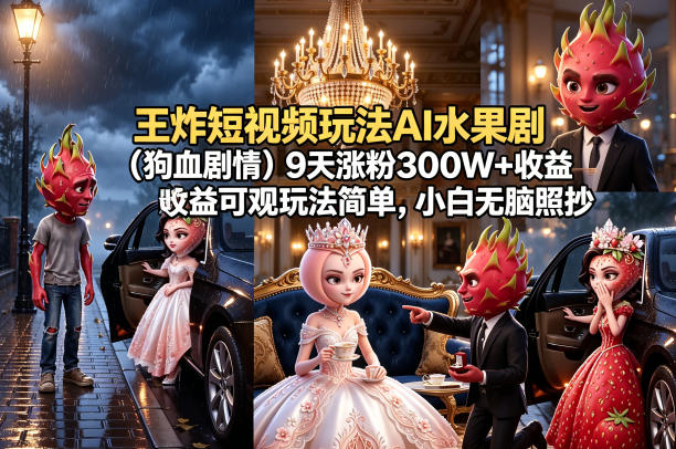 王炸短视频玩法AI水果剧(狗血剧情)9天涨粉300W+收益可观玩法简单，小白无脑照抄，详细拆解玩法-三禾网络