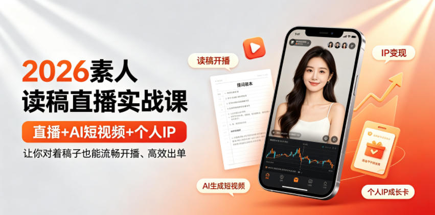 2026素人读稿直播实战课｜直播+AI短视频+个人IP，让你对着稿子也能流畅开播、高效出单-三禾网络