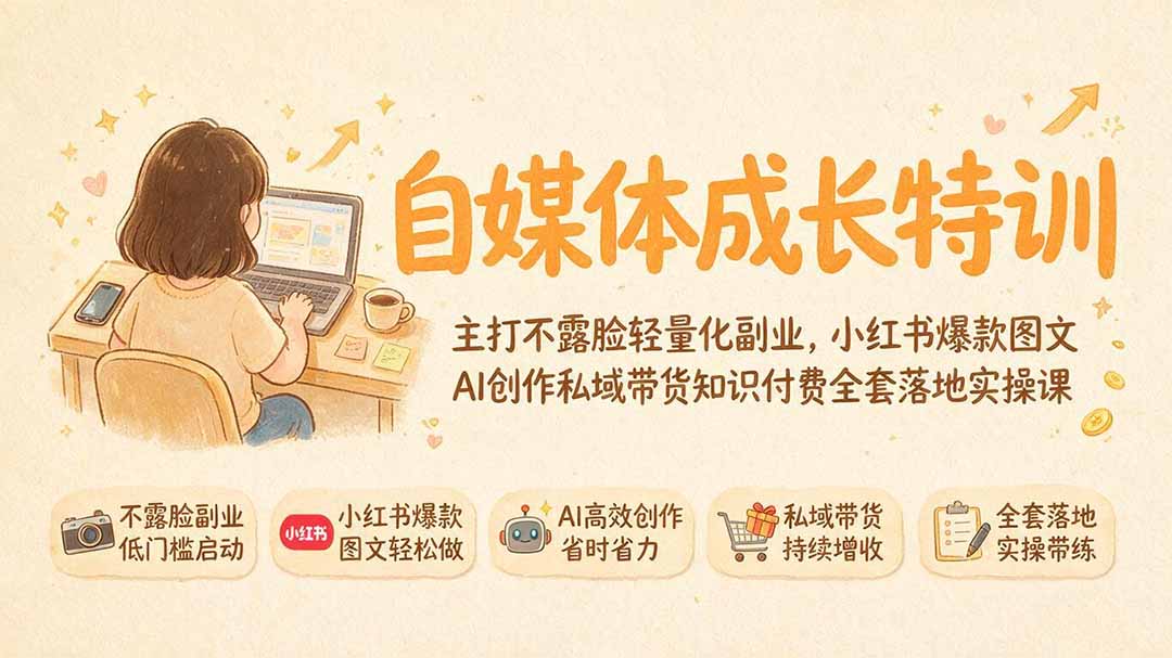 自媒体成长特训｜主打不露脸轻量化副业，小红书爆款图文AI创作私域带货知识付费全套落地实操课-三禾网络