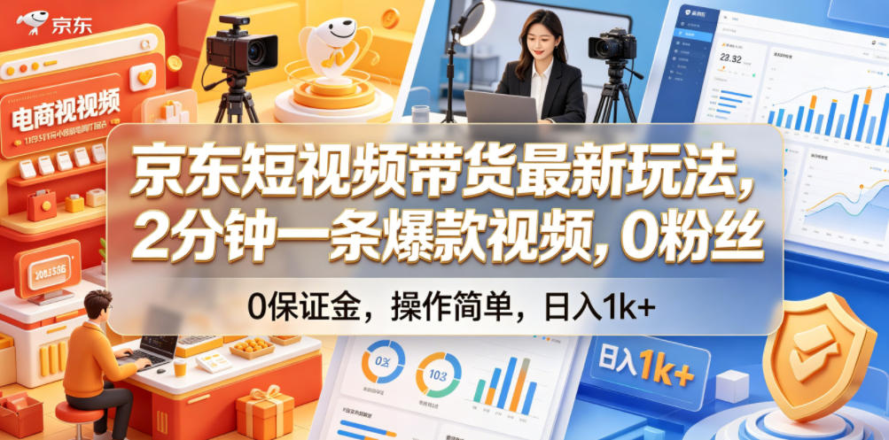 京东短视频带货最新玩法，2分钟一条爆款视频，0粉丝，0保证金，操作简单，日入1k+【揭秘】-三禾网络