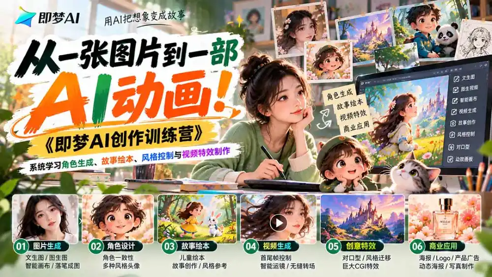 【无水印】从一张图片到一部AI动画！《即梦AI创作训练营》系统学习角色生成、故事绘本、风格控制与视频特效制作-三禾网络