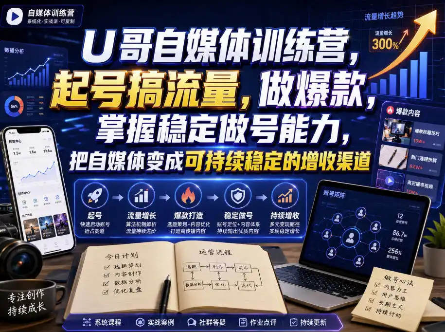 U哥自媒体训练营，起号搞流量，做爆款，掌握稳定做号能力，把自媒体变成可持续稳定的增收渠道-三禾网络