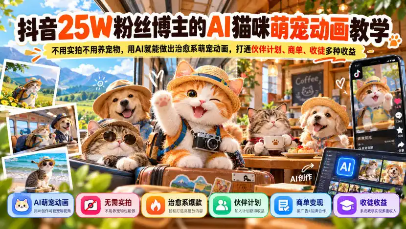 抖音25W粉丝博主的AI猫咪萌宠动画教学,不用实拍不用养宠物,用AI就能做出治愈系萌宠动画,打通伙伴计划、商单、收徒多种收益-三禾网络