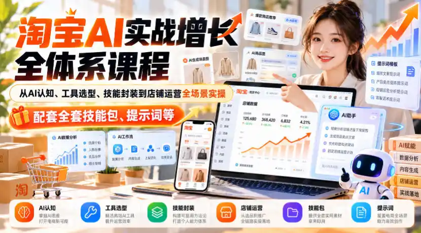 淘宝AI实战增长全体系课程，从AI认知、工具选型、技能封装到店铺运营全场景实操，配套全套技能包、提示词等-三禾网络