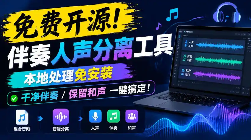 免费开源！伴奏人声分离工具，本地处理免安装，干净伴奏，保留和声一键搞定！