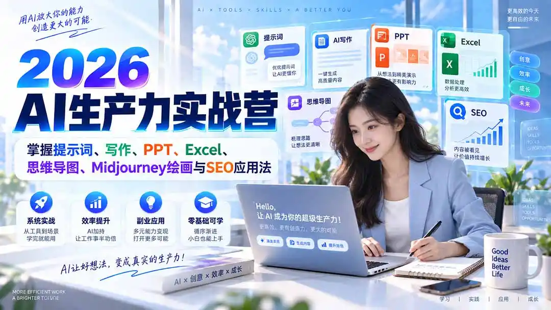 2026AI生产力实战营：掌握提示词、写作、PPT、Excel、思维导图、Midjourney绘画与SEO应用法-三禾网络