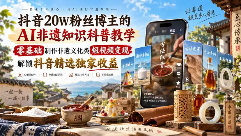 抖音20W粉丝博主的AI非遗知识科普教学，零基础制作非遗文化类短视频变现，解锁抖音精选独家收益