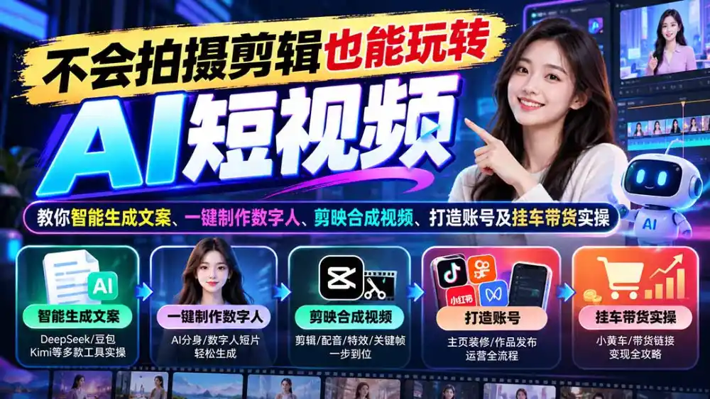 不会拍摄剪辑也能玩转AI短视频：教你智能生成文案、一键制作数字人、剪映合成视频、打造账号及挂车带货实操-三禾网络
