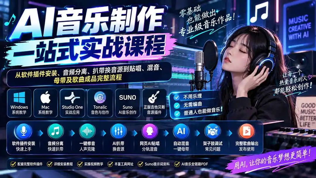 AI音乐制作一站式实战课程:从软件插件安装、音频分离、扒带换音源到贴唱、混音、母带及歌曲成品完整流程-三禾网络