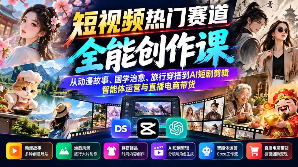 短视频热门赛道全能创作课：从动漫故事、国学治愈、旅行穿搭到AI短剧剪辑、智能体运营与直播电商带货-三禾网络