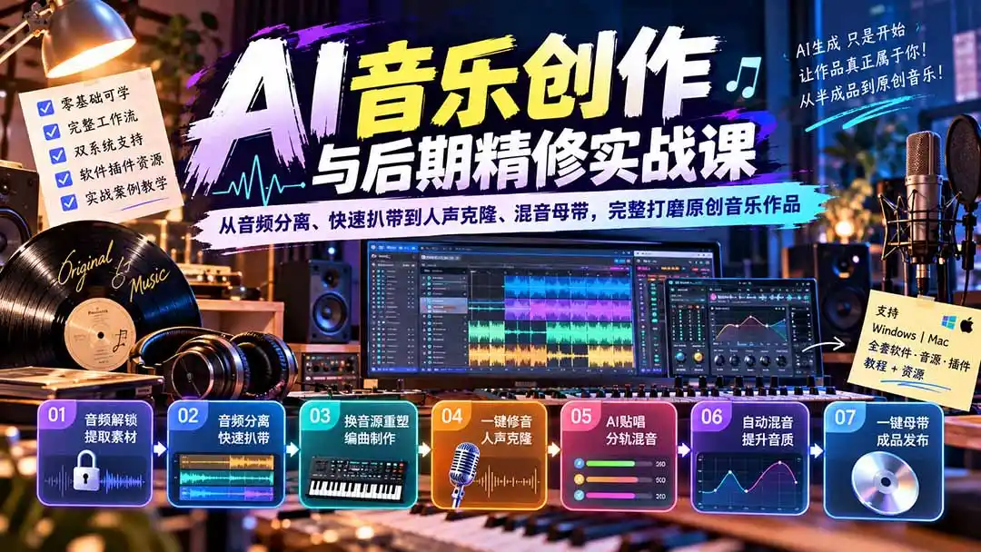AI音乐创作与后期精修实战课：从音频分离、快速扒带到人声克隆、混音母带，完整打磨原创音乐作品-三禾网络