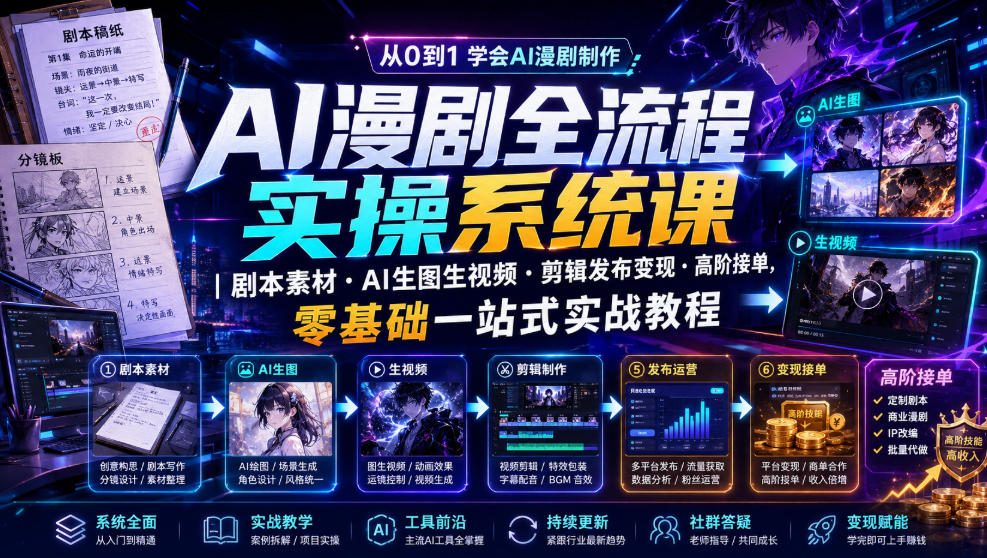 AI漫剧全流程实操系统课｜剧本素材・AI生图生视频・剪辑发布变现・高阶接单，零基础一站式实战教程-三禾网络